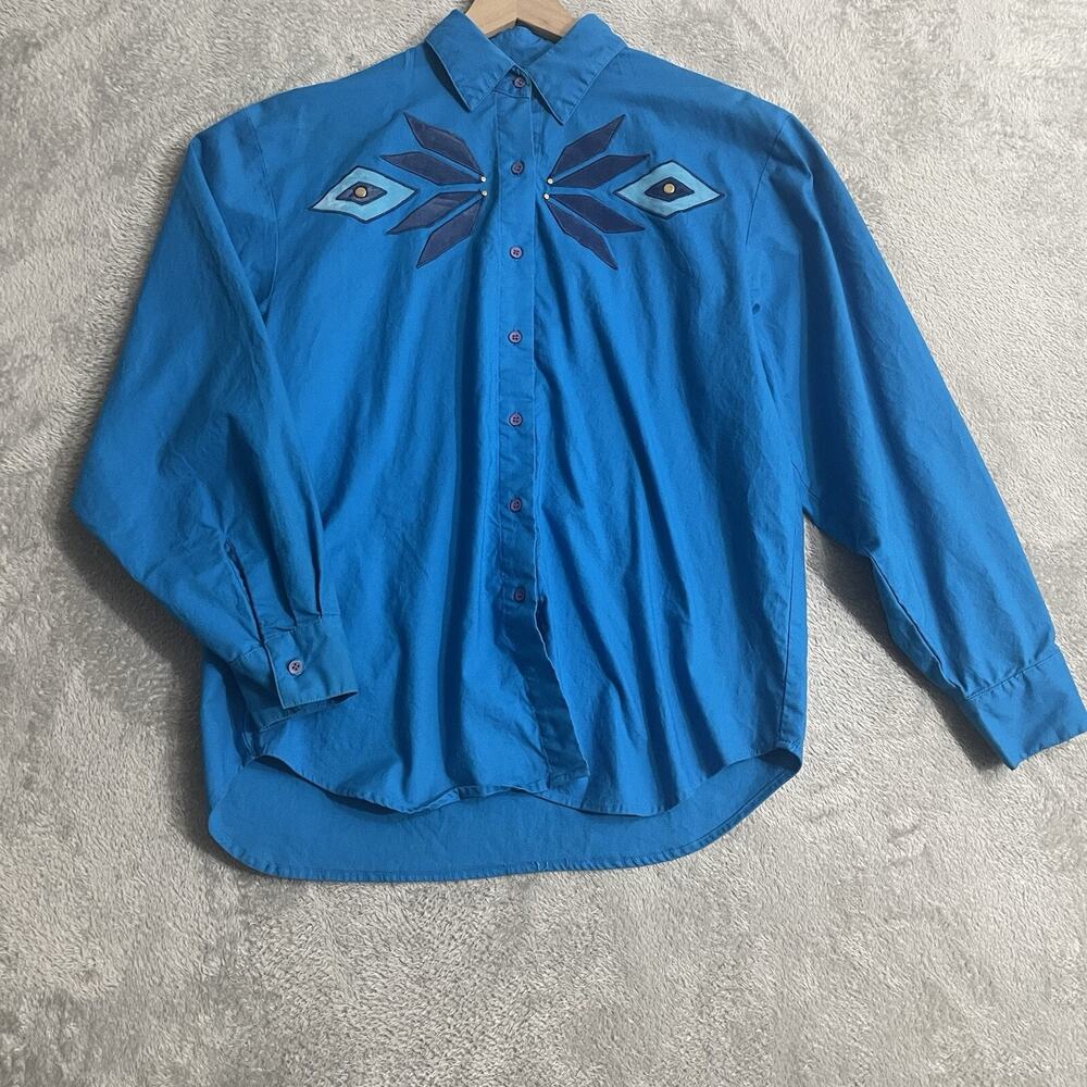 Vintage Wrangler Top Women Large Blue Aztec Velvet Patchwork Western Equestrian